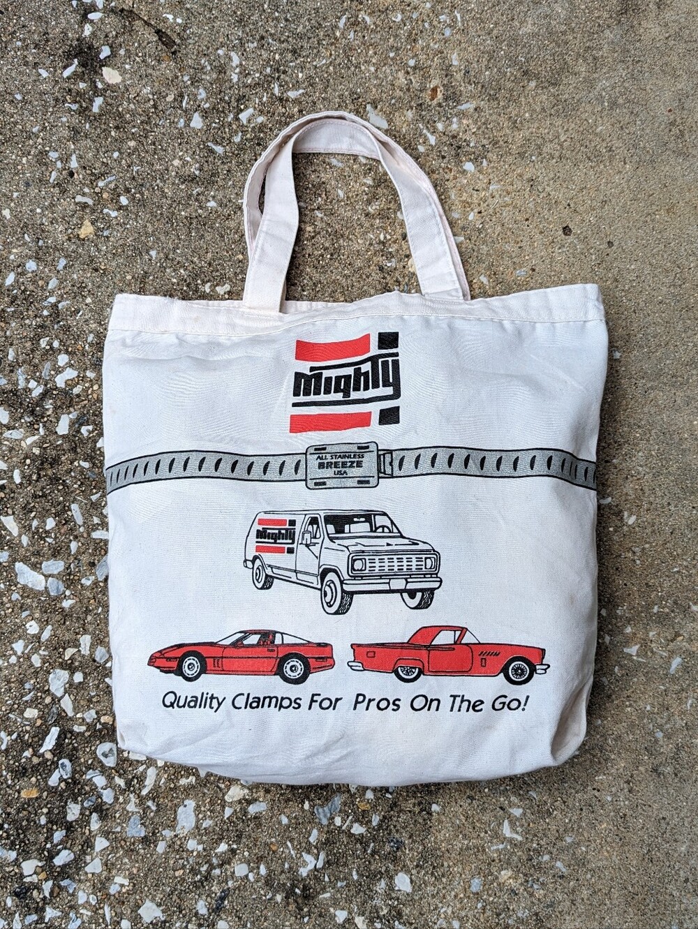 Cream Canvas Tote Bag with Vintage Red Car Graphics